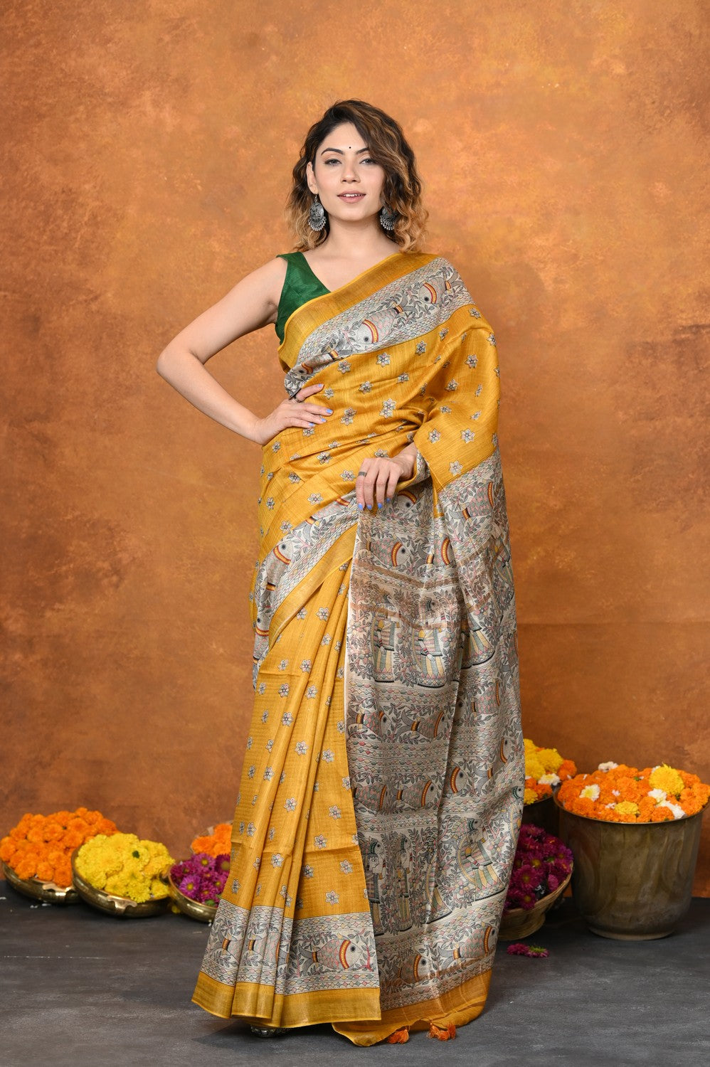 Very Much Indian Designed By VMI - Handloom Pure Tussar Silk Saree With Beautiful Madhubani Print - Yellow - Distacart