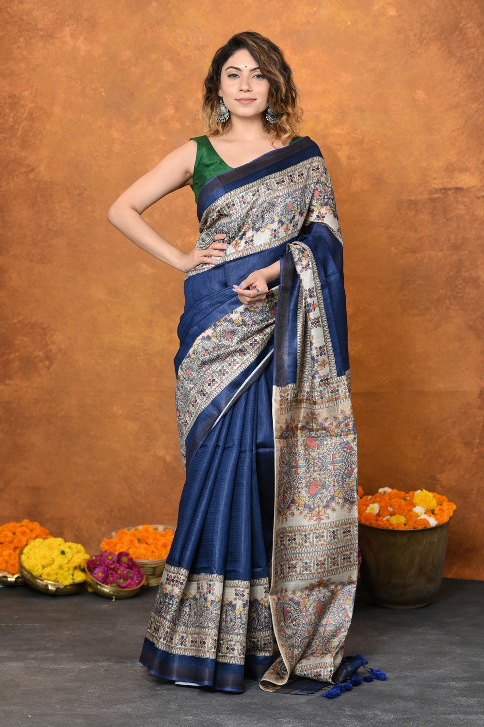 Very Much Indian Designed By VMI - Handloom Pure Tussar Silk Saree With Beautiful Madhubani Print - Blue - Distacart