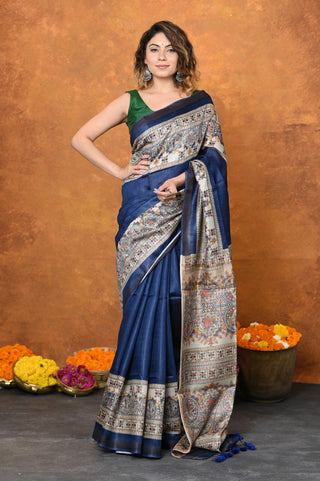 Very Much Indian Designed By VMI - Handloom Pure Tussar Silk Saree With Beautiful Madhubani Print - Blue - Distacart