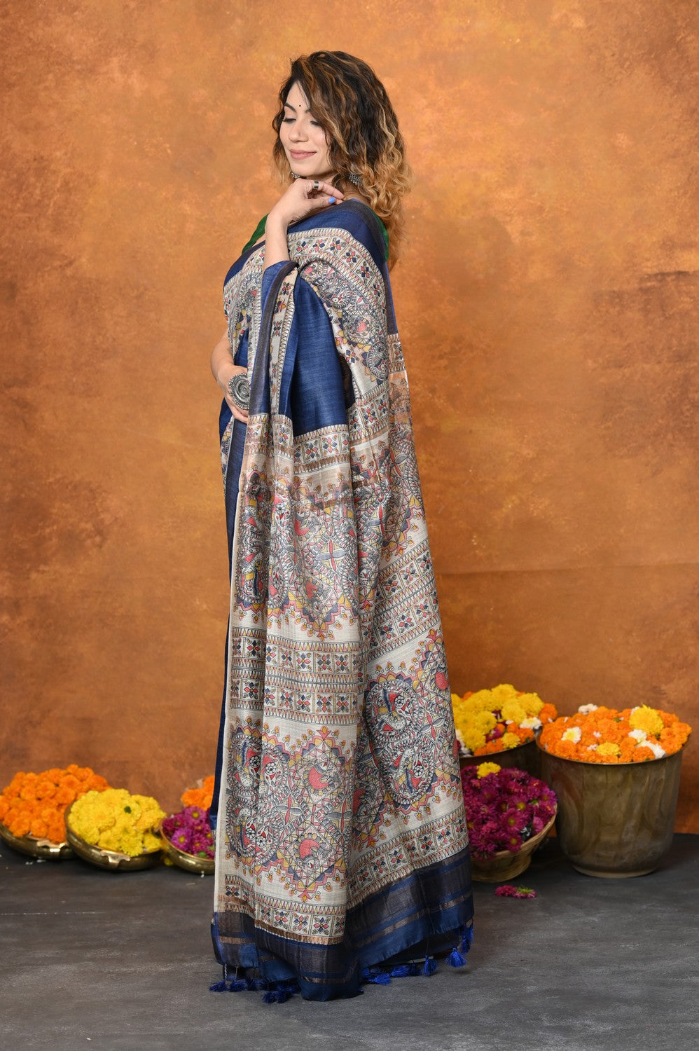 Very Much Indian Designed By VMI - Handloom Pure Tussar Silk Saree With Beautiful Madhubani Print - Blue - Distacart