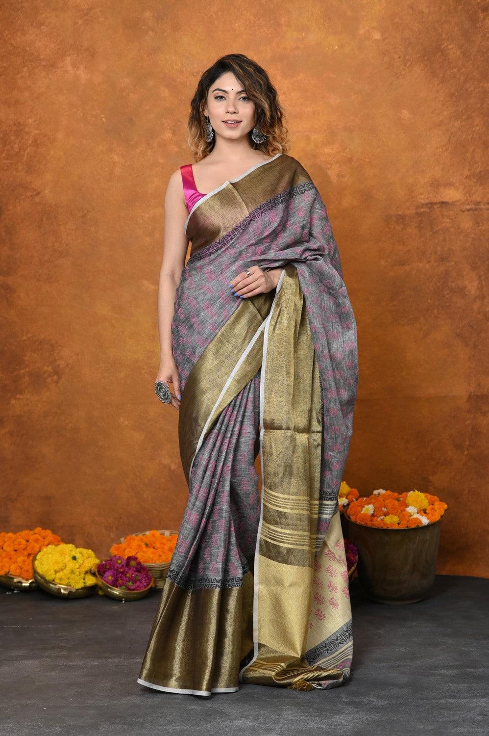 Very Much Indian Designed By VMI - Handloom Pure Organic Natural Linen Saree - HandBlock Printed - Distacart