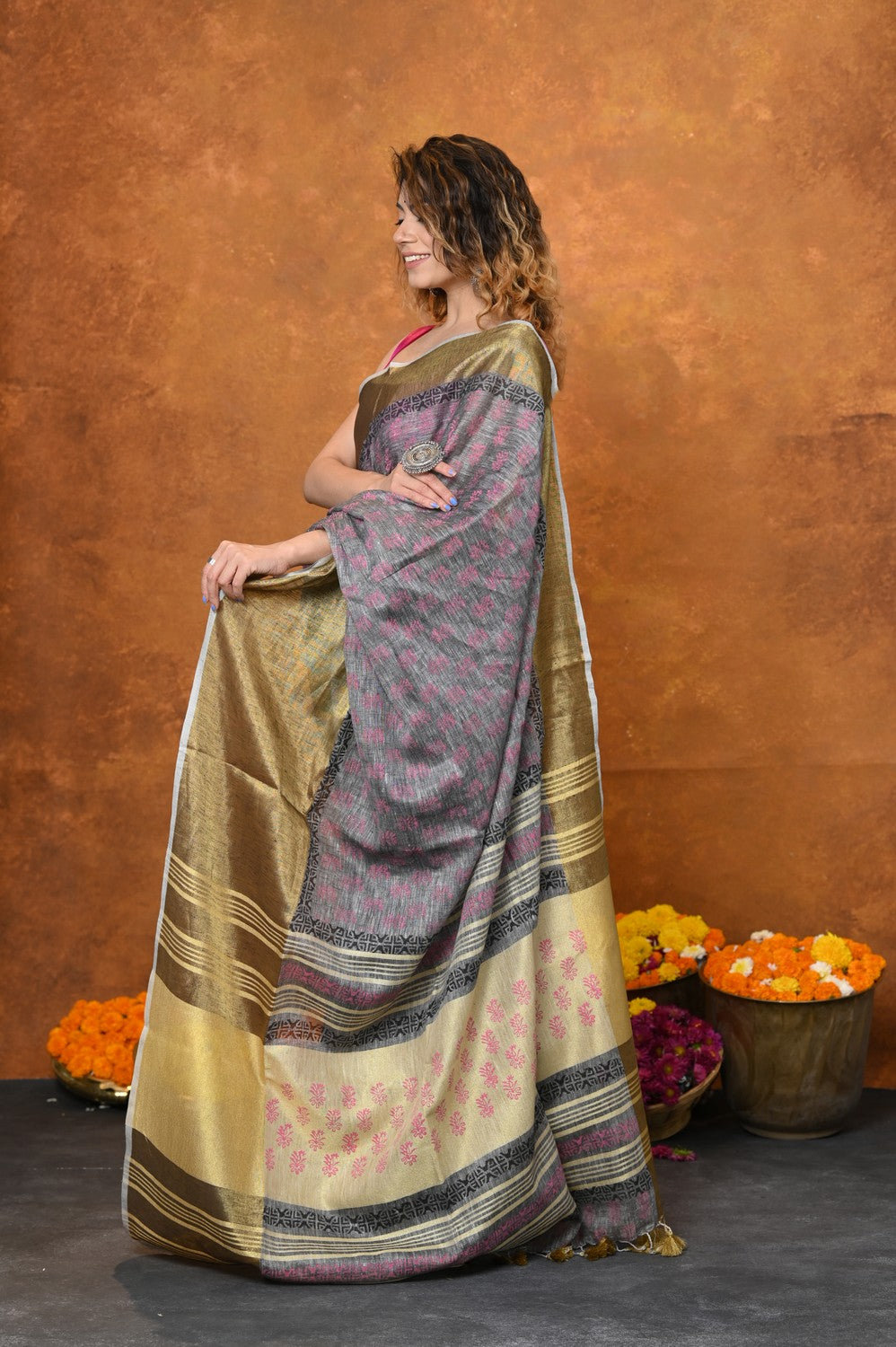 Very Much Indian Designed By VMI - Handloom Pure Organic Natural Linen Saree - HandBlock Printed - Distacart