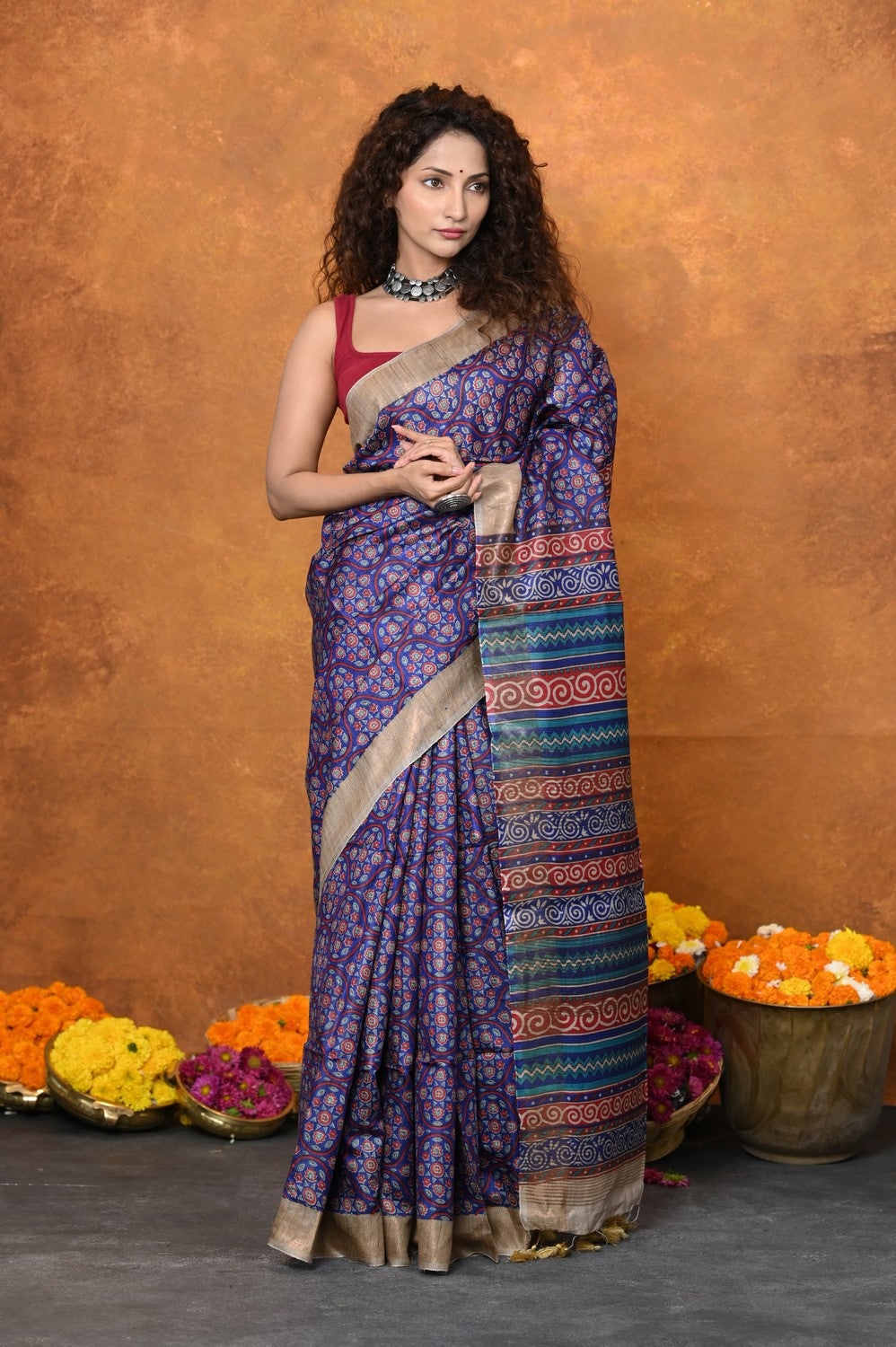 Very Much Indian Designed By VMI - Handloom Pure Organic Natural Linen Saree - HandBlock Printed - Distacart