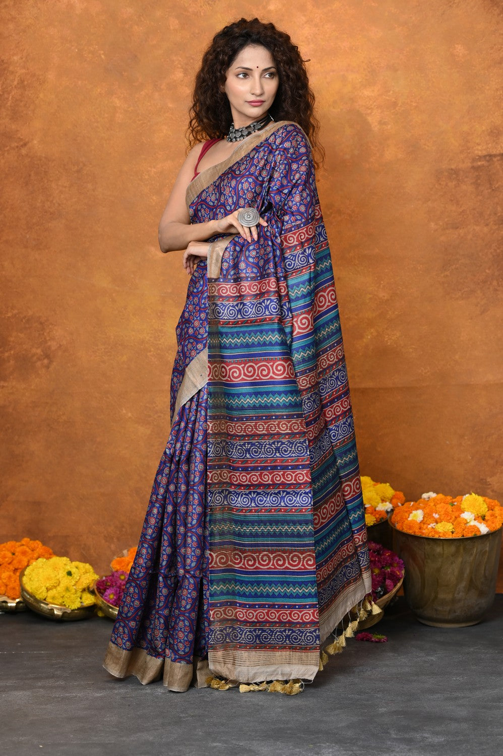 Very Much Indian Designed By VMI - Handloom Pure Organic Natural Linen Saree - HandBlock Printed - Distacart