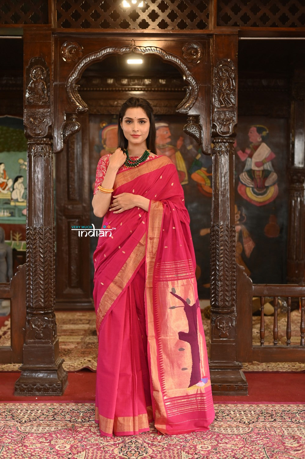Very Much Indian Authentic Handloom Pure Cotton Paithani with Traditional Radha Krishna Pallu - Red Delight - Distacart