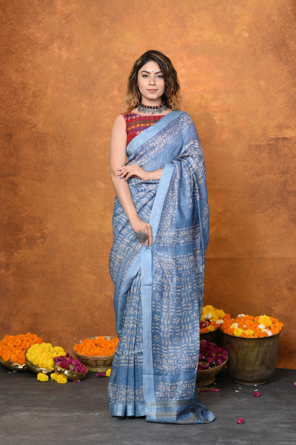 Very Much Indian Designed By VMI - Handloom Pure Organic Natural Linen Silk Saree with Allover Handblock Print - Powder Blue - Distacart