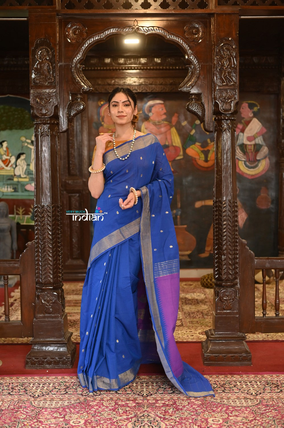 Very Much Indian Authentic Handloom Pure Cotton Paithani with Handcrafted Swan Pallu - Marine Blue - Distacart