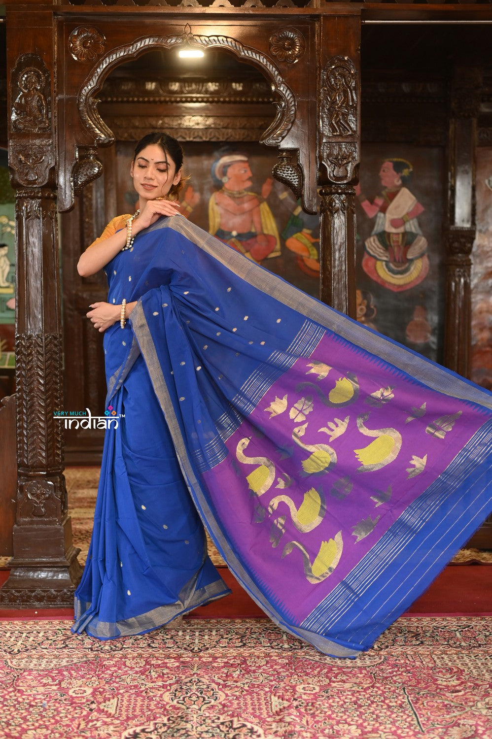 Very Much Indian Authentic Handloom Pure Cotton Paithani with Handcrafted Swan Pallu - Marine Blue - Distacart