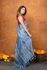 Thumbnail for Very Much Indian Designed By VMI - Handloom Pure Organic Natural Linen Silk Saree with Allover Handblock Print - Powder Blue - Distacart