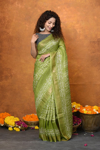 Very Much Indian Designed By VMI - Handloom Pure Organic Natural Linen Silk Saree with Allover Handblock Print - Green - Distacart