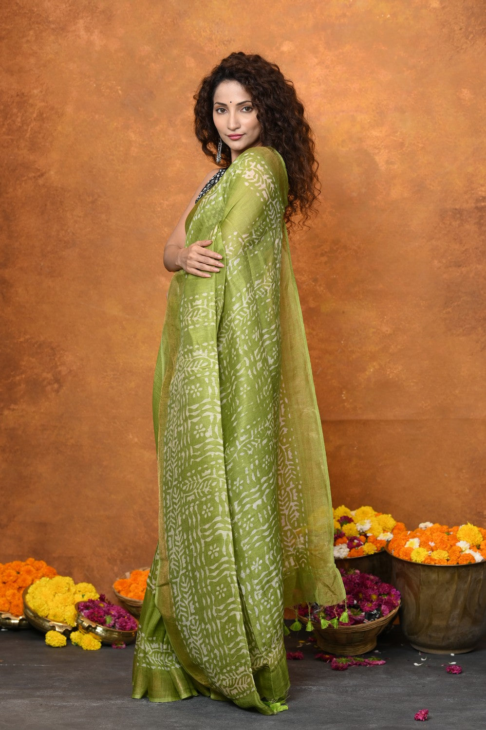 Very Much Indian Designed By VMI - Handloom Pure Organic Natural Linen Silk Saree with Allover Handblock Print - Green - Distacart