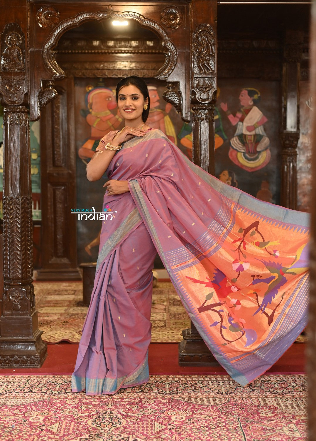Very Much Indian Authentic Handloom Pure Cotton Paithani with Handcrafted Peacock Pallu - Dual tone Blue Pink - Distacart