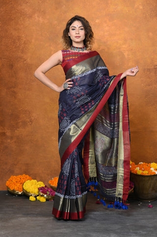 Very Much Indian Designed By VMI - Handloom Pure Organic Natural Linen Saree - HandBlock Printed - Distacart