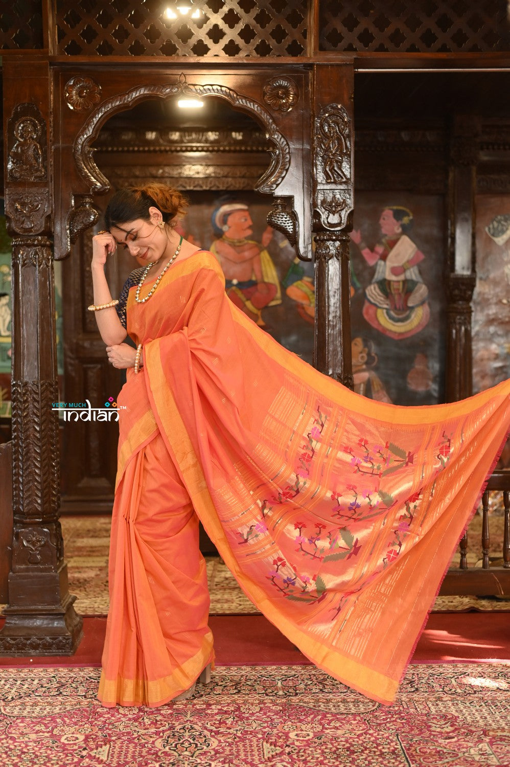 Very Much Indian Authentic Handloom Pure Cotton Paithani with Handcrafted Asawali Pallu - Orange Shade - Distacart