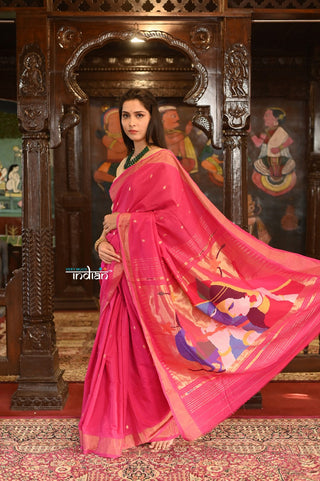 Very Much Indian Authentic Handloom Pure Cotton Paithani with Handcrafted Radhakrishna Pallu - Rani Pink - Distacart