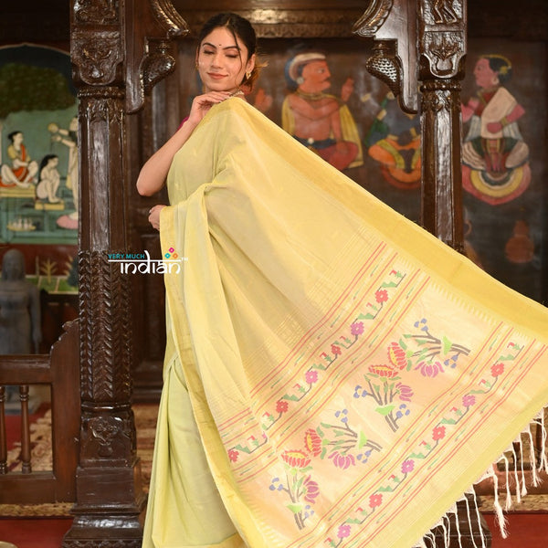 Very Much Indian Authentic Handloom Pure Cotton Paithani with Handcrafted Asawali Pallu - Lime Yellow - Distacart