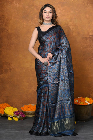 Very Much Indian Handloom Modal Silk Saree With Ajrakh Handblock Print With Eco-Friendly Vegetable Dye - Blue - Distacart