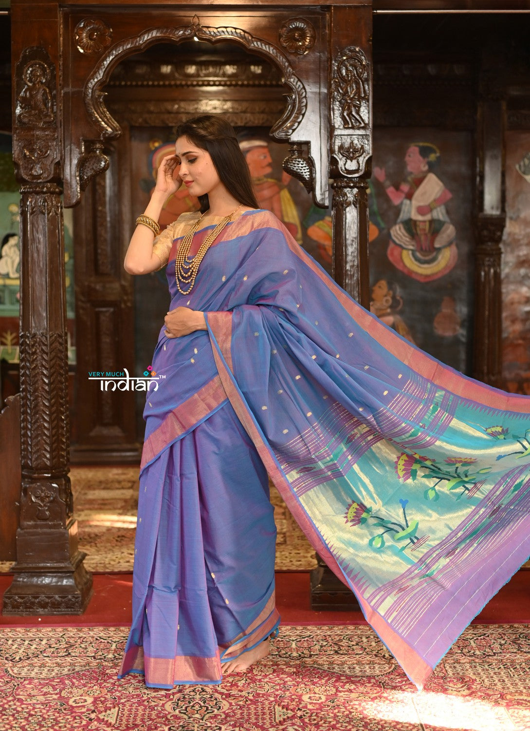 Very Much Indian Authentic Handloom Pure Cotton Paithani with Handcrafted Lotus Pallu - Dual Tone Purple and Pink - Distacart