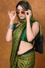 Thumbnail for Very Much Indian Handloom Modal Silk Saree With Ajrakh Handblock Print With Eco-Friendly Vegetable Dye - Green - Distacart