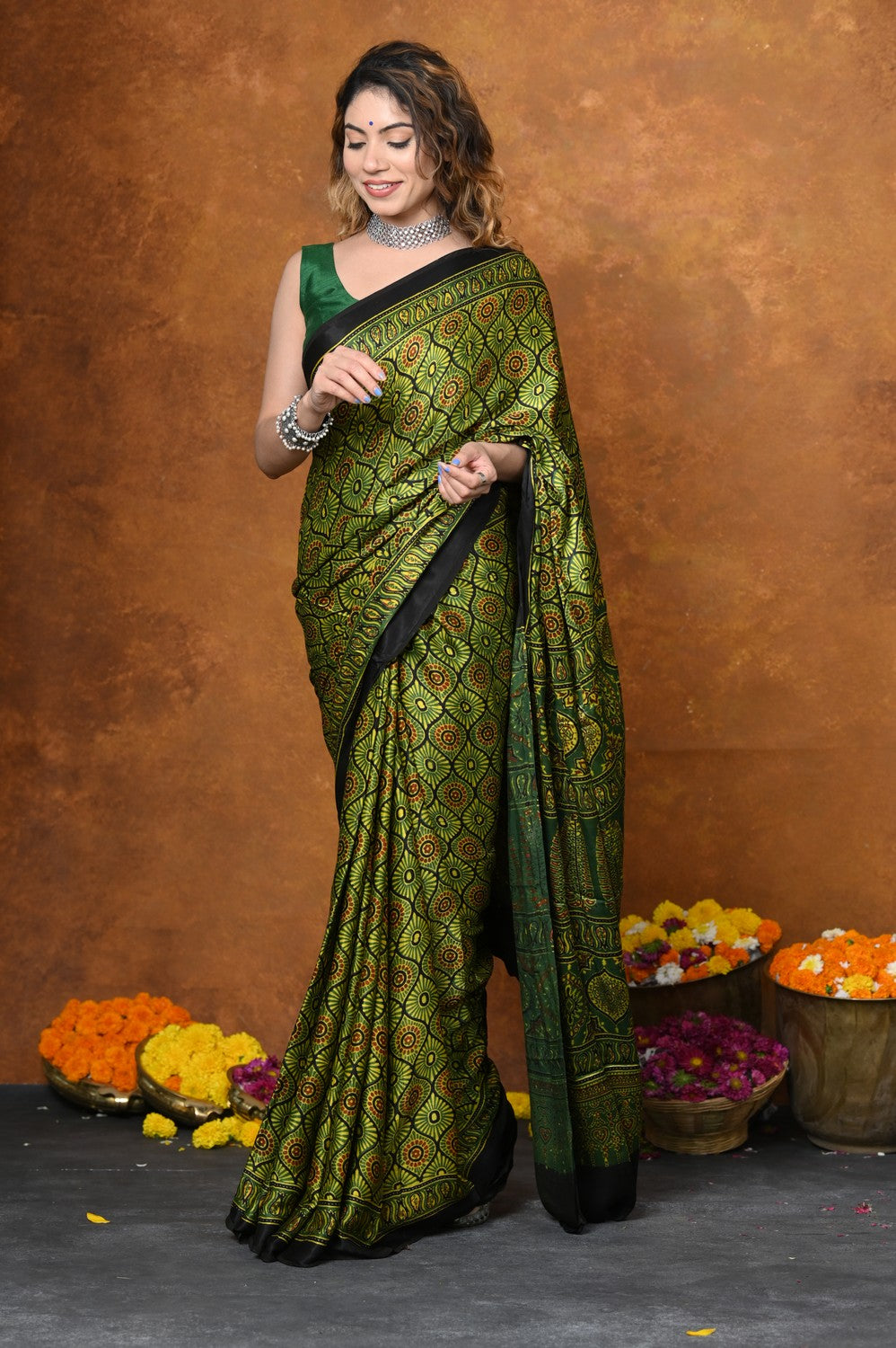 Very Much Indian Handloom Modal Silk Saree With Ajrakh Handblock Print With Eco-Friendly Vegetable Dye - Green - Distacart