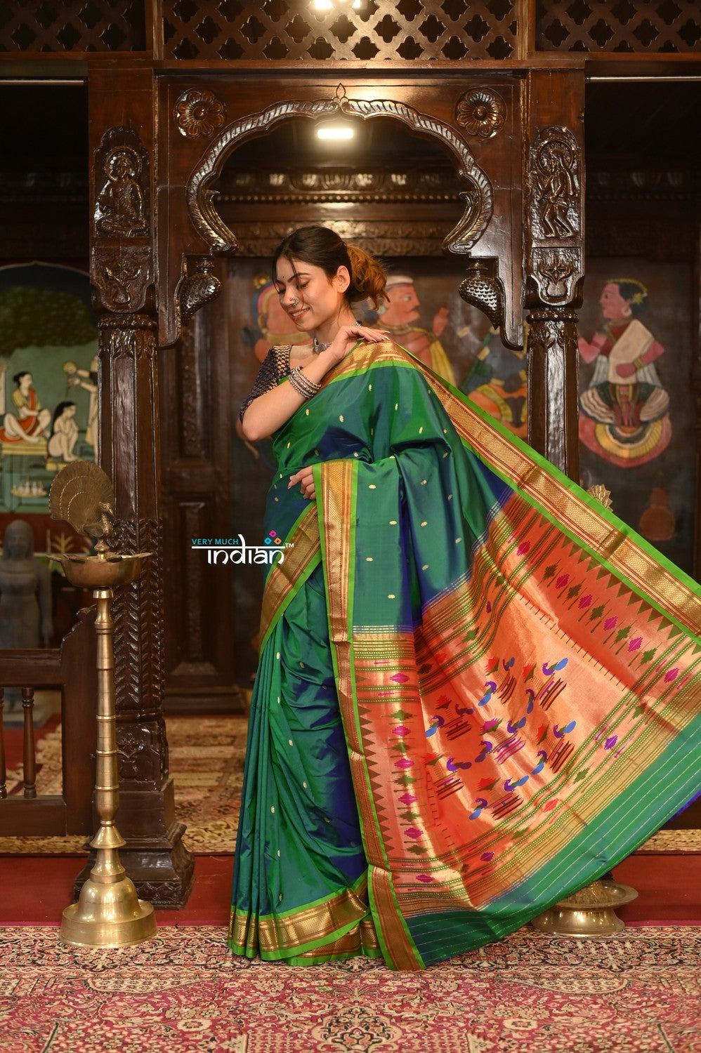 Very Much Indian Authentic High Quality Pure Silk Paithani With Most Traditional Double Pallu - Dual Tone Blue Green - Distacart