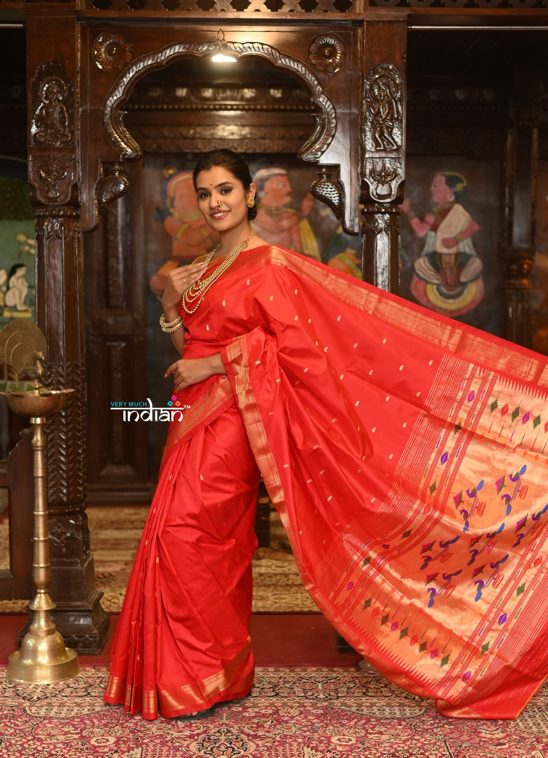 Very Much Indian Authentic High Quality Pure Silk Paithani With Most Traditional Double Pallu - Red Shade - Distacart