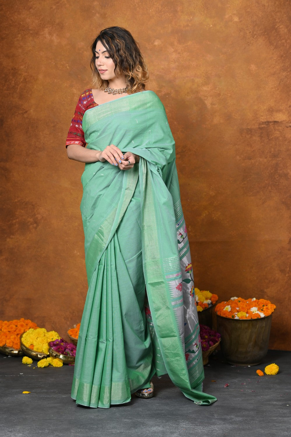 Very Much Indian EXCLUSIVE! Handloom Pure Cotton Paithani With Asawali Pallu - Sea Green - Distacart