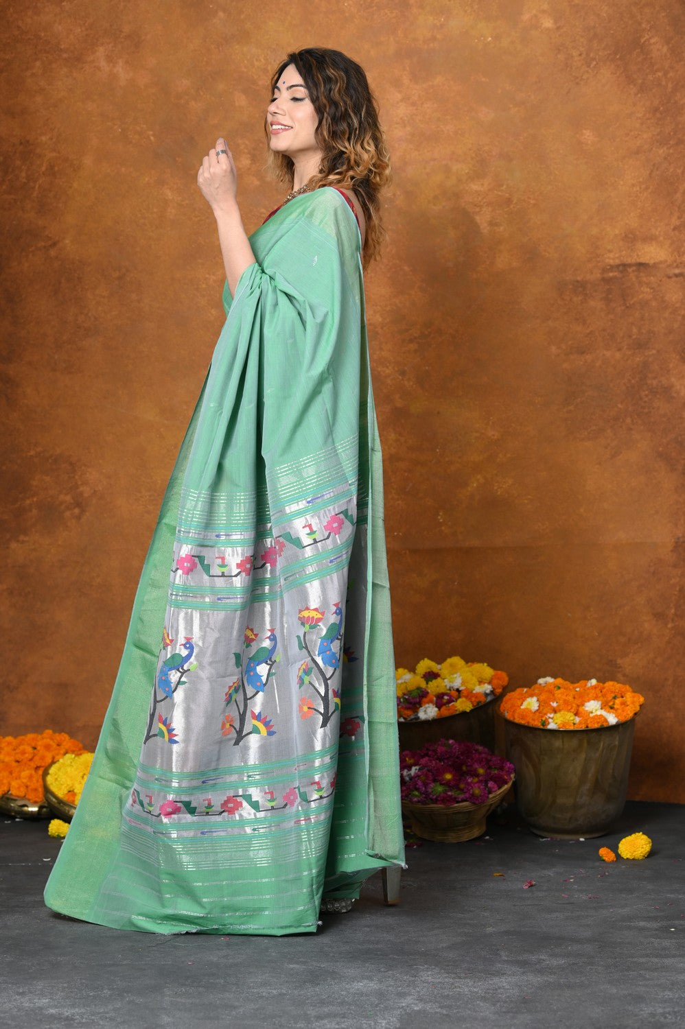 Very Much Indian EXCLUSIVE! Handloom Pure Cotton Paithani With Asawali Pallu - Sea Green - Distacart