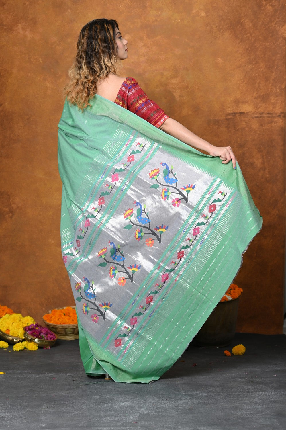 Very Much Indian EXCLUSIVE! Handloom Pure Cotton Paithani With Asawali Pallu - Sea Green - Distacart