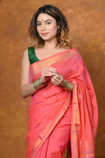 Thumbnail for Very Much Indian EXCLUSIVE! Handloom Pure Cotton Paithani With Asawali Pallu - Pink Peach - Distacart
