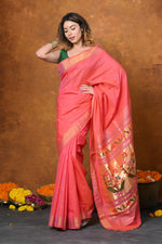 Thumbnail for Very Much Indian EXCLUSIVE! Handloom Pure Cotton Paithani With Asawali Pallu - Pink Peach - Distacart
