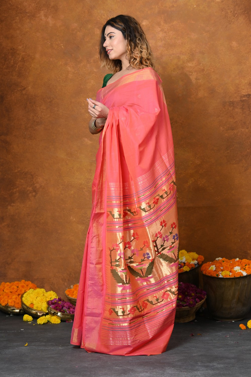 Very Much Indian EXCLUSIVE! Handloom Pure Cotton Paithani With Asawali Pallu - Pink Peach - Distacart