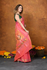 Thumbnail for Very Much Indian EXCLUSIVE! Handloom Pure Cotton Paithani With Asawali Pallu - Pink Peach - Distacart