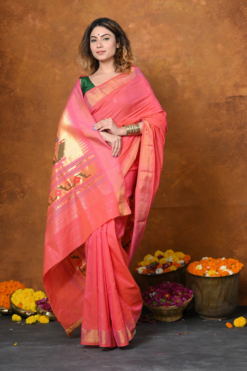 Very Much Indian EXCLUSIVE! Handloom Pure Cotton Paithani With Asawali Pallu - Pink Peach - Distacart