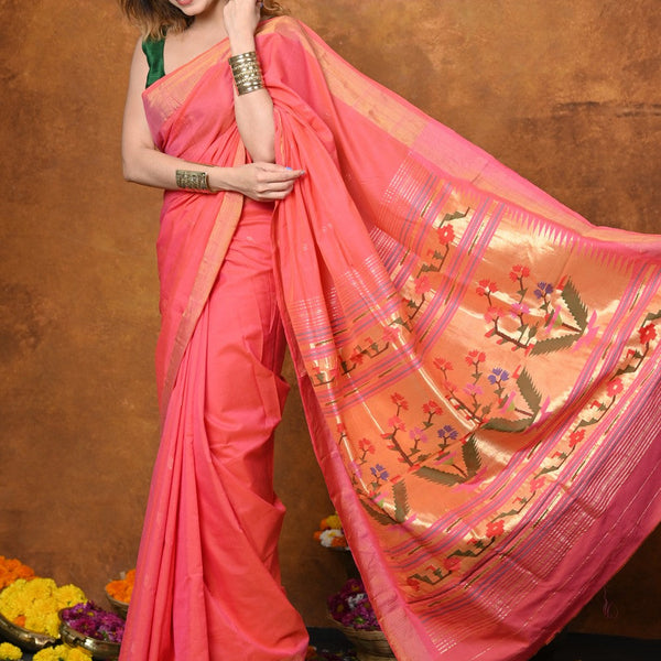 Very Much Indian EXCLUSIVE! Handloom Pure Cotton Paithani With Asawali Pallu - Pink Peach - Distacart