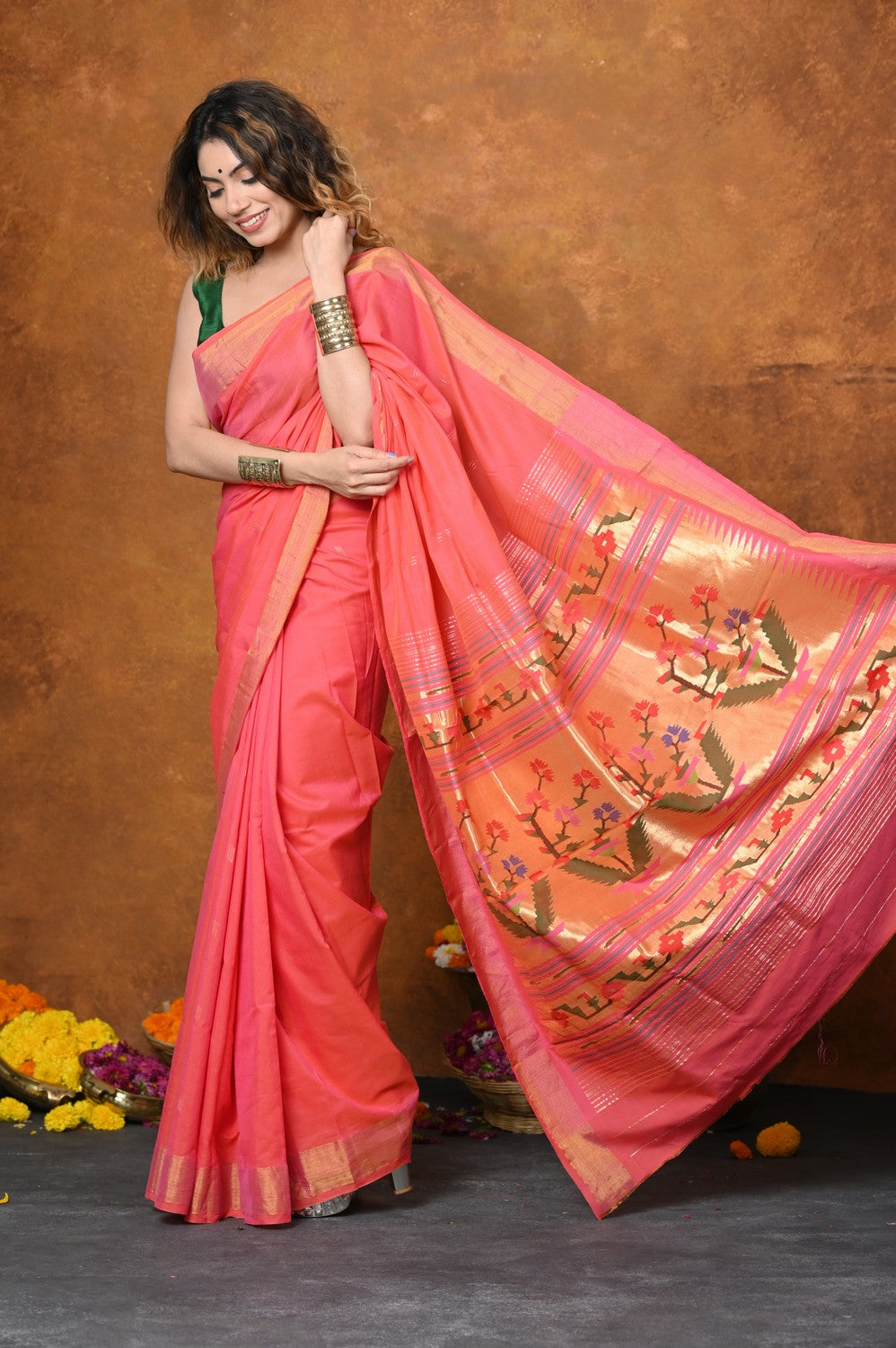 Very Much Indian EXCLUSIVE! Handloom Pure Cotton Paithani With Asawali Pallu - Pink Peach - Distacart