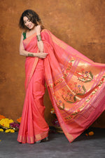 Thumbnail for Very Much Indian EXCLUSIVE! Handloom Pure Cotton Paithani With Asawali Pallu - Pink Peach - Distacart