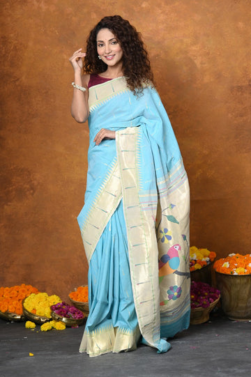 Very Much Indian Authentic Handloom Pure Cotton Paithani with Handcrafted Parrot Pallu - Sky Blue - Distacart