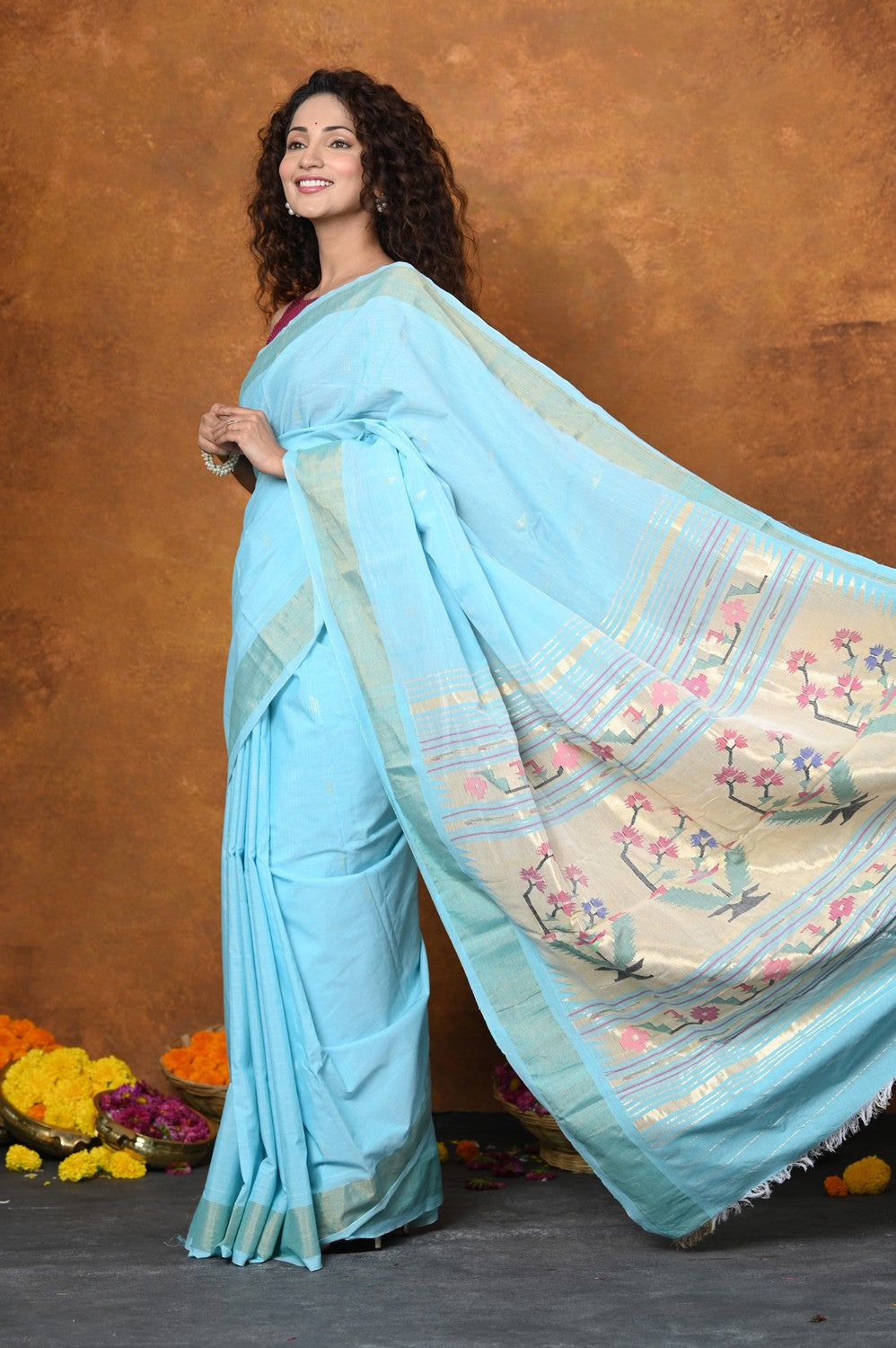 Very Much Indian EXCLUSIVE! Handloom Pure Cotton Paithani With Asawali Pallu - Sky Blue - Distacart