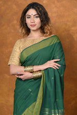 Thumbnail for Very Much Indian EXCLUSIVE! Handloom Pure Cotton Paithani With Asawali Pallu - Dark Green - Distacart