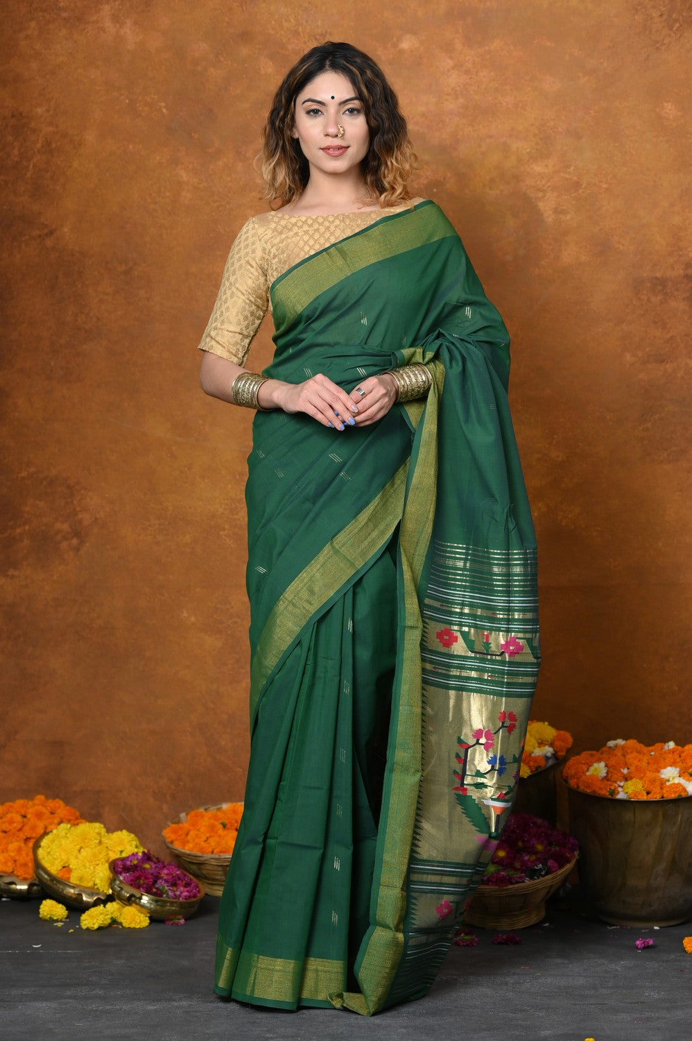 Very Much Indian EXCLUSIVE! Handloom Pure Cotton Paithani With Asawali Pallu - Dark Green - Distacart