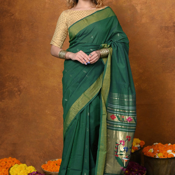 Very Much Indian EXCLUSIVE! Handloom Pure Cotton Paithani With Asawali Pallu - Dark Green - Distacart