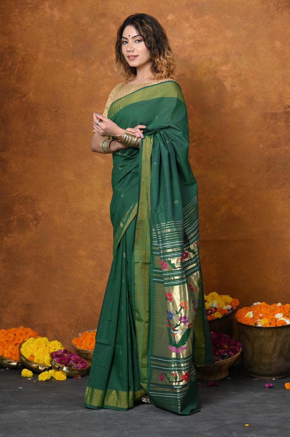 Very Much Indian EXCLUSIVE! Handloom Pure Cotton Paithani With Asawali Pallu - Dark Green - Distacart