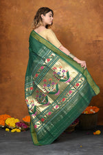 Thumbnail for Very Much Indian EXCLUSIVE! Handloom Pure Cotton Paithani With Asawali Pallu - Dark Green - Distacart