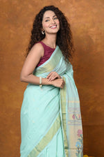Thumbnail for Very Much Indian EXCLUSIVE! Handloom Pure Cotton Paithani With Asawali Pallu - Light Blue - Distacart