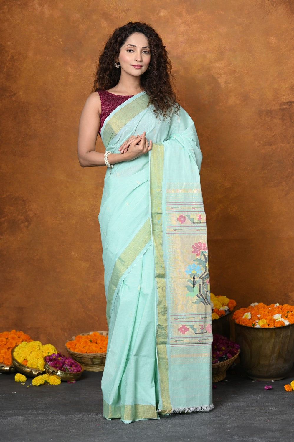 Very Much Indian EXCLUSIVE! Handloom Pure Cotton Paithani With Asawali Pallu - Light Blue - Distacart