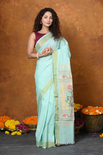 Thumbnail for Very Much Indian EXCLUSIVE! Handloom Pure Cotton Paithani With Asawali Pallu - Light Blue - Distacart