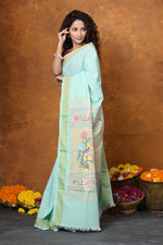 Thumbnail for Very Much Indian EXCLUSIVE! Handloom Pure Cotton Paithani With Asawali Pallu - Light Blue - Distacart