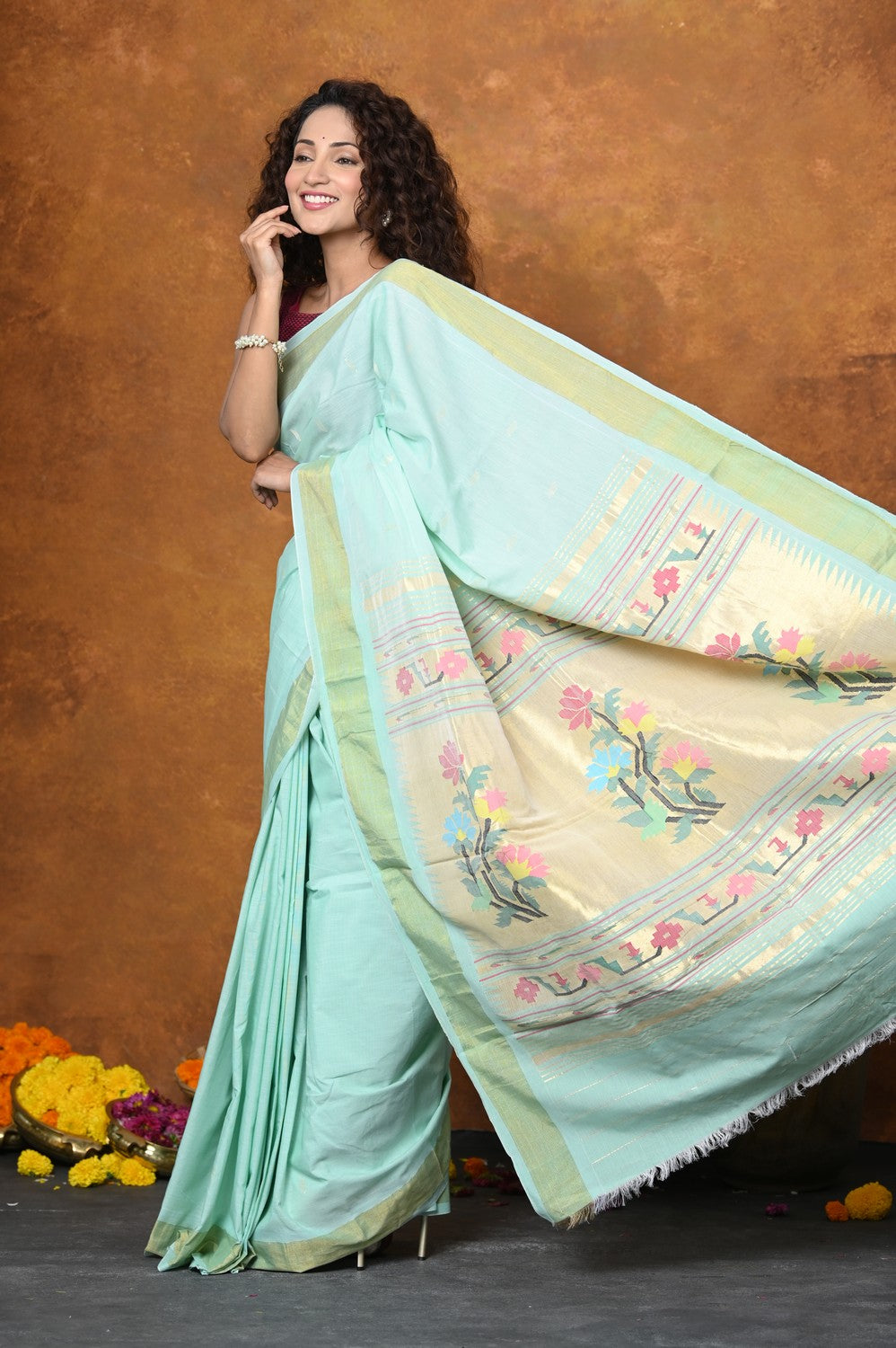Very Much Indian EXCLUSIVE! Handloom Pure Cotton Paithani With Asawali Pallu - Light Blue - Distacart