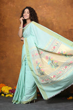 Thumbnail for Very Much Indian EXCLUSIVE! Handloom Pure Cotton Paithani With Asawali Pallu - Light Blue - Distacart